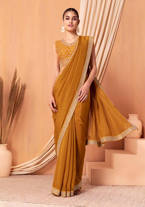 Yellow Sequin Zari Embroidered Saree Set With Blouse