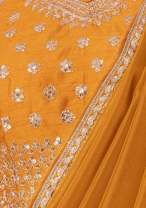Josie Neon Yellow Georgette Sequins & Gold Zari Embroidered Lehenga Saree