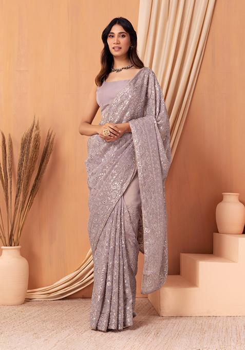 Lilac Floral Thread Embroidered Saree Set With Blouse