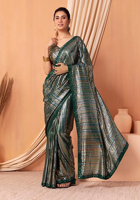 Deep Green Sequin Embroidered Saree Set With Blouse