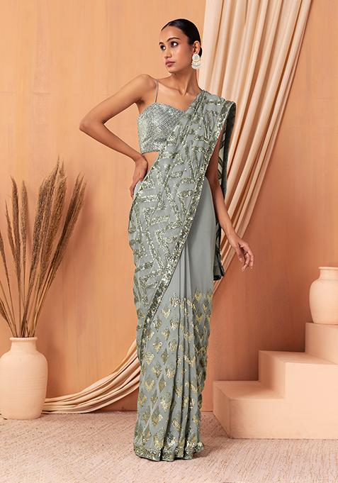 Grey Sequin Boota Embroidered Saree Set With Blouse