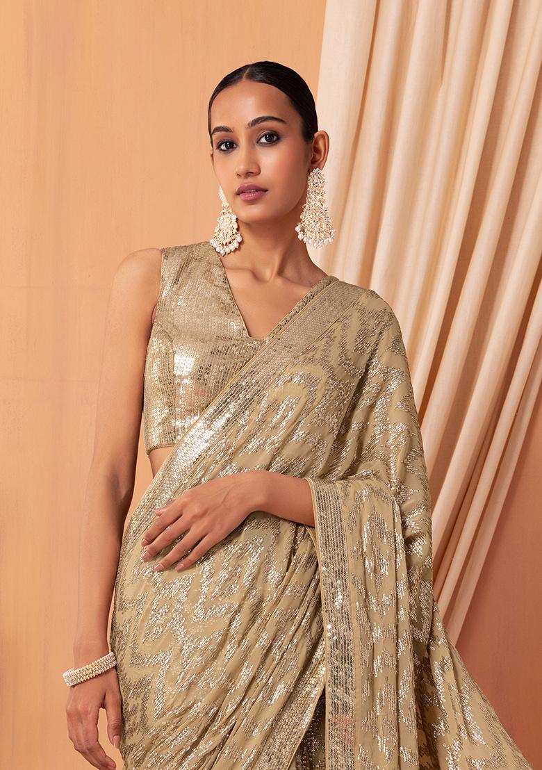 Buy Beige Saree Chiffon Embroidery Sequin And Beads Floral Chikankari For  Women by Iktaar by Meena Online at Aza Fashions.