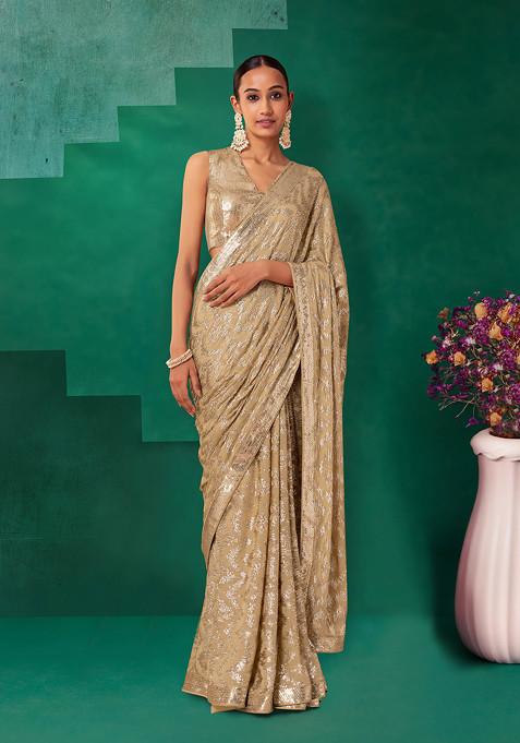Beige Sequin Embroidered Saree Set With Blouse
