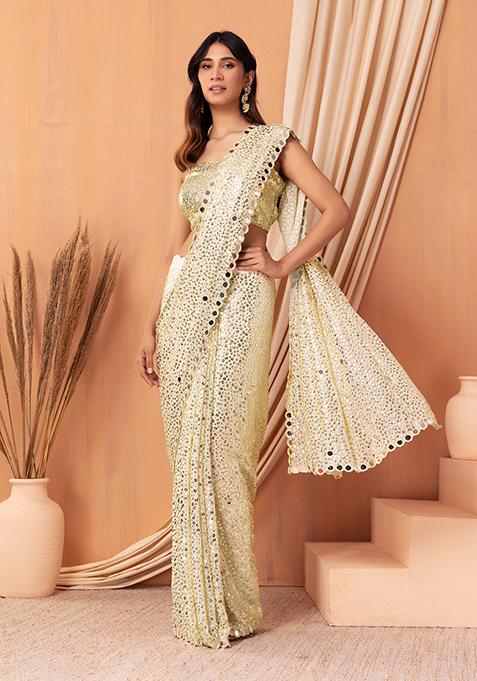 Off White Sequin Mirror Embroidered Saree Set With Blouse