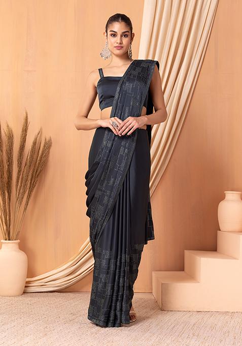 Steel Grey Embellished Saree Set With Blouse