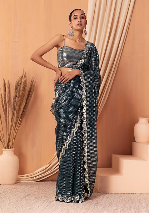 Teal Tonal Sequin Embroidered Saree Set With Blouse