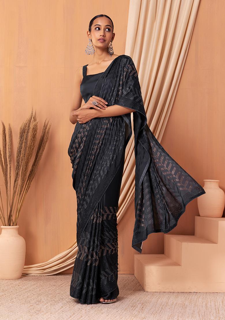 Odette Women Chinon Grey Embroidered Saree With Unstitched Blouse