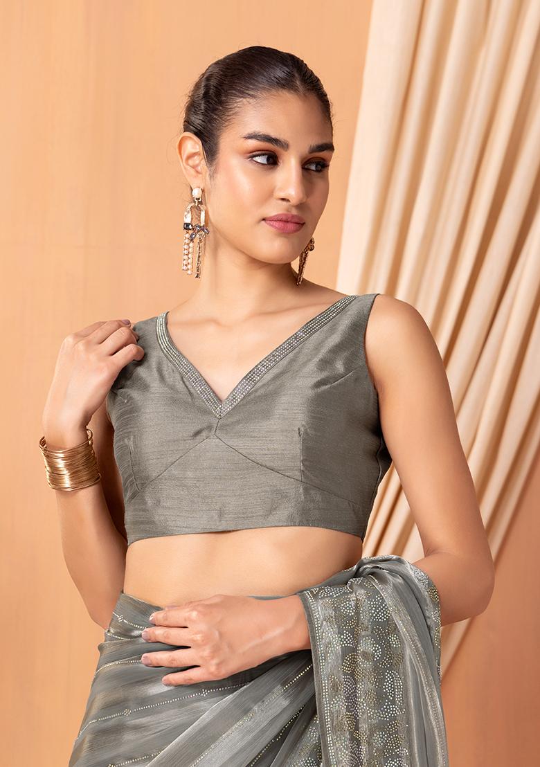 Women's Dola Silk Charcoal Grey Embellished Designer Saree With Blouse Piece