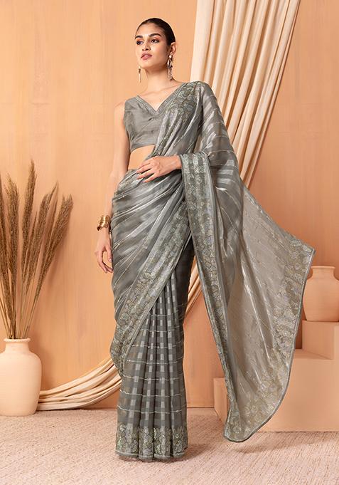 Grey Stone Embellished Saree Set With Blouse