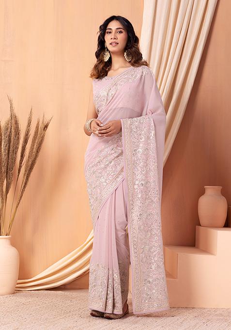 Light Pink Multicolour Floral Embroidered Saree Set With Blouse