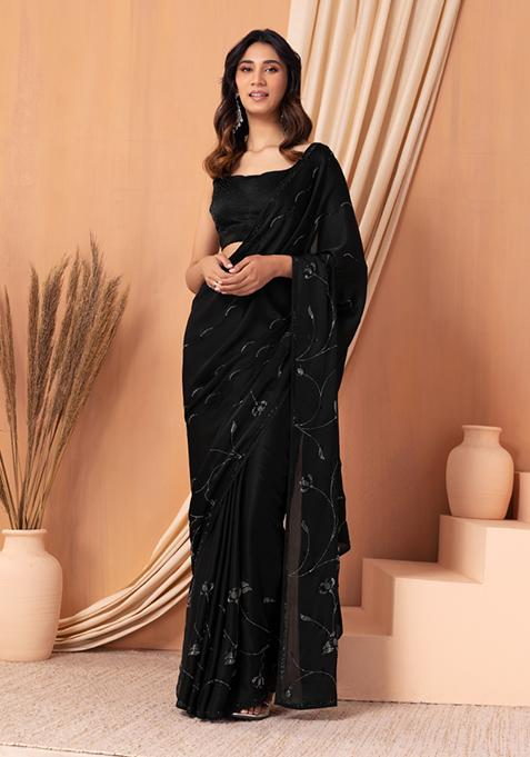 Black Floral Embellished Saree Set With Blouse
