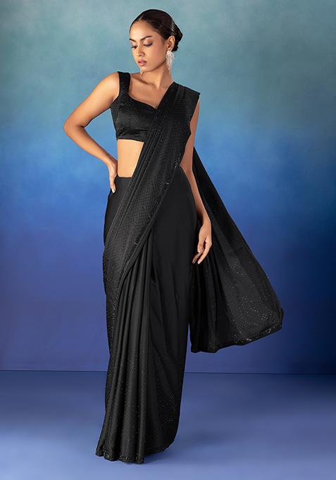 Black Stone Embellished Saree Set With Blouse