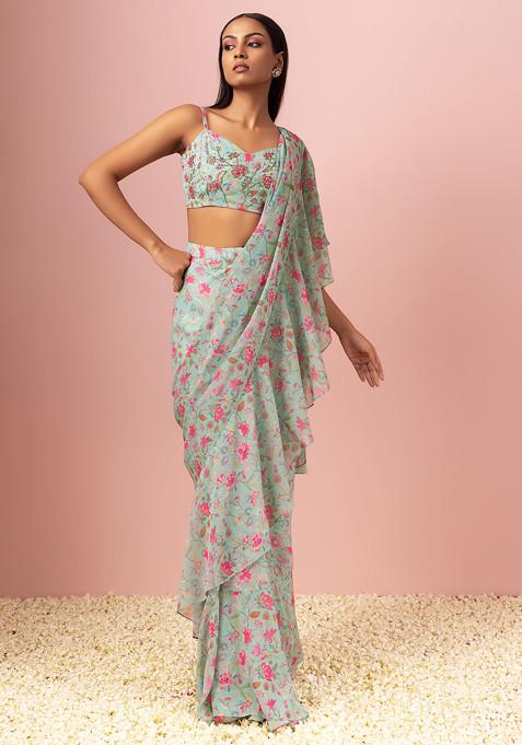 Seafoam Floral Print Pre-Stitched Saree And Blouse Set With Cape And Belt