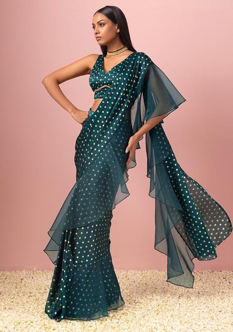 Turquoise Foil Print Pre-Stitched Saree Set With Blouse And Belt
