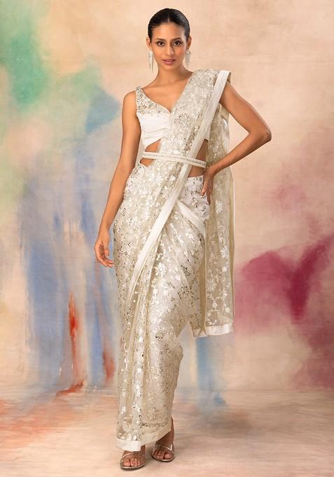 Off White Floral Foil Print Pre-Stitched Saree Set With Embroidered Blouse And Belt