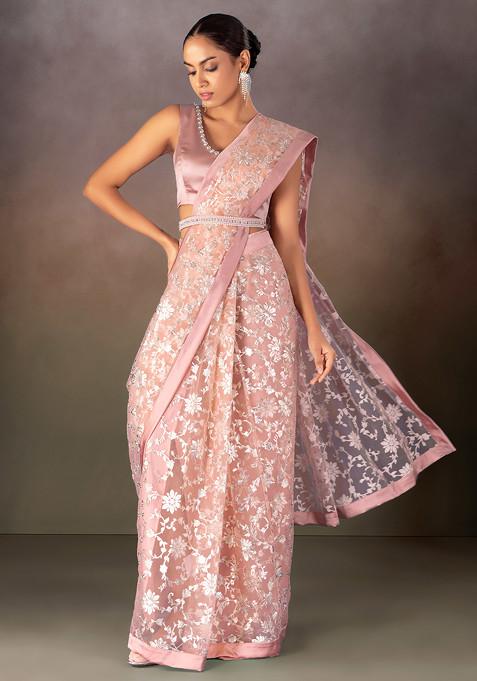 Peach Floral Foil Print Pre-Stitched Saree Set With Embroidered Blouse And Belt