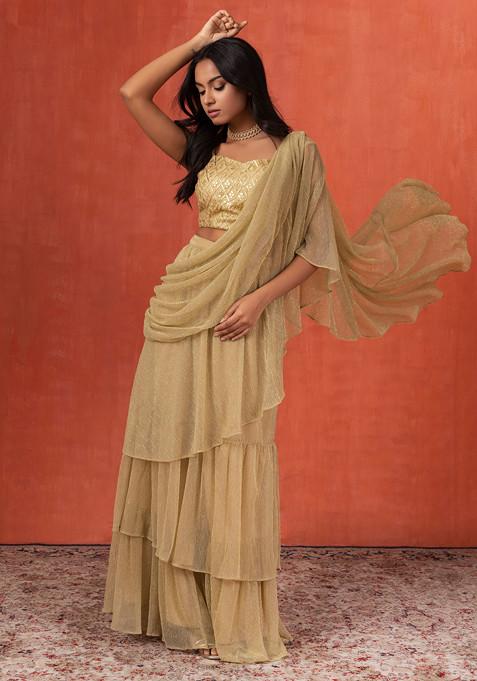 Gold Shimmer Tiered Pre-Stitched Saree Set With Blouse