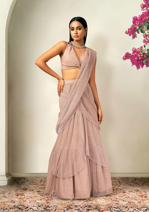 Rose Gold Shimmer Tiered Pre-Stitched Saree Set With Blouse