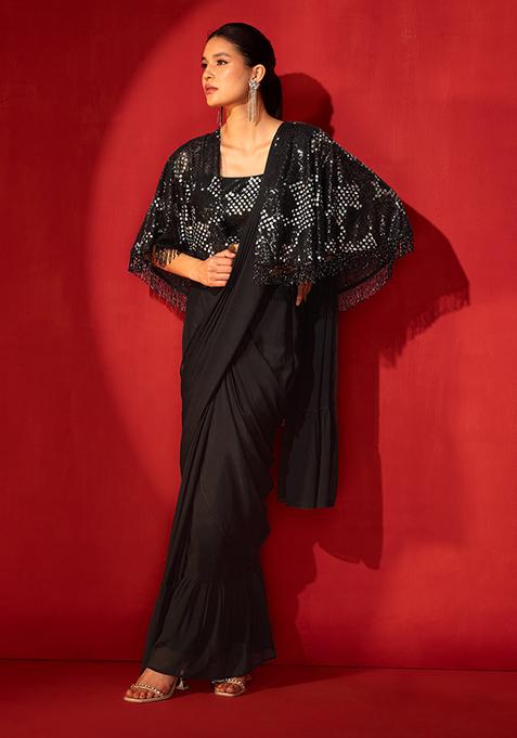 Black Pre-Stitched Saree Set With Embroidered Blouse And Cape