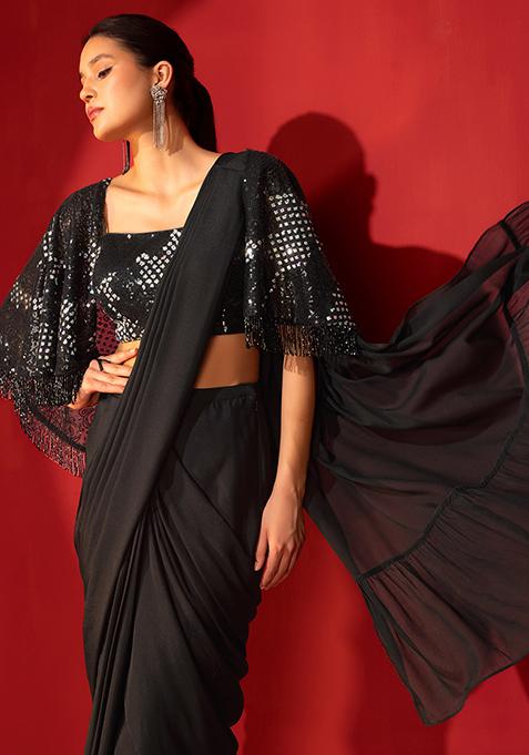Buy Women Black Pre-Stitched Saree Set With Embroidered Blouse And Cape ...