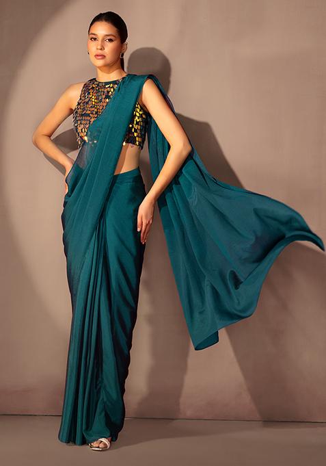Turquoise Pre-Stitched Saree Set With Hologram Sequin Blouse
