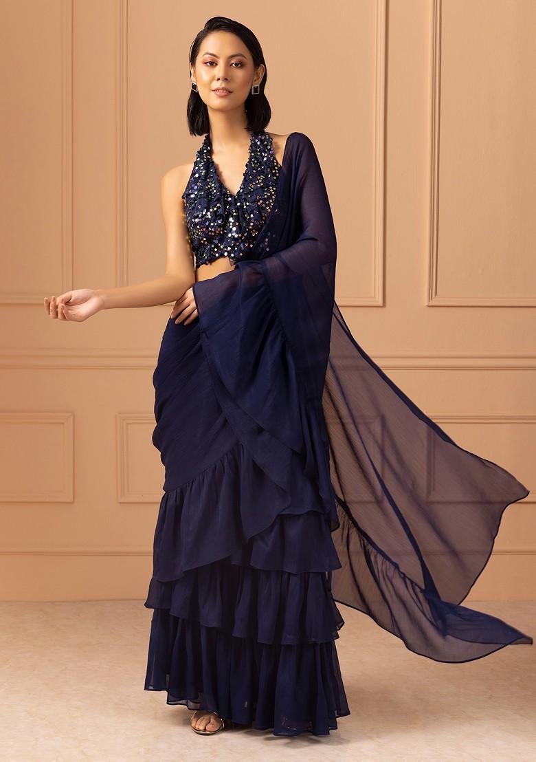 Navy Blue Ruffled Pre-Stitched Saree Set With Sequin Embroidered Blouse - Indya