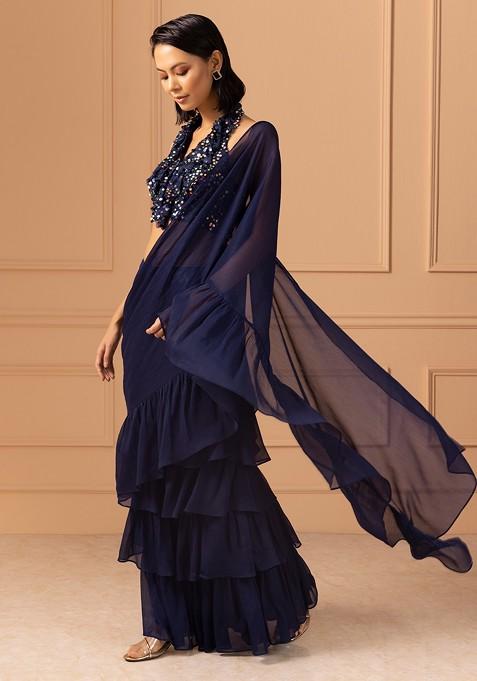 Navy Blue Ruffled Pre-Stitched Saree Set With Sequin Embroidered Blouse