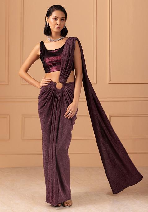 Maroon Pre-Stitched Saree Set With Sequin Embroidered Blouse