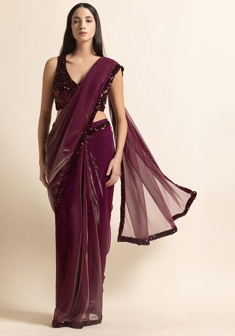 Magenta Pink Pre-Stitched Saree Set With Maroon Blouse