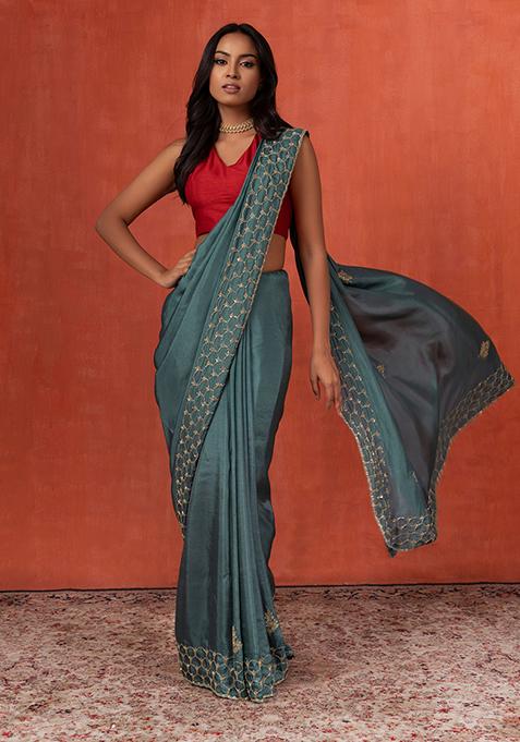 Teal Scallop Grid Embroidered Saree With Blouse
