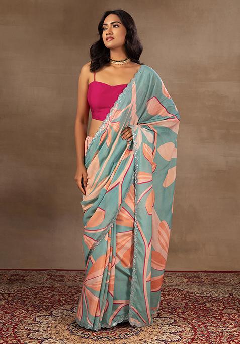Sage Green Floral Print Embroidered Saree With Blouse