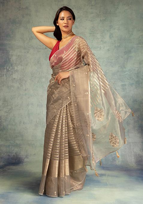 Light Grey Floral Hand Embroidered Saree With Blouse