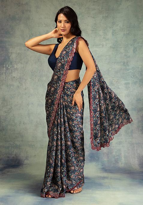 Grey Paisley Print Embroidered Saree With Blouse