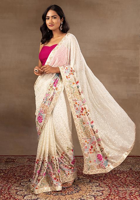 Ivory Sequin Thread Embroidered Saree With Blouse
