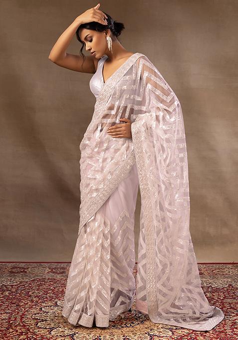 Blush Chevron Sequin Embroidered Saree With Blouse
