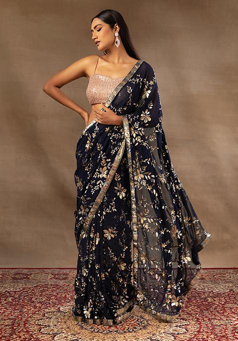 Navy Floral Sequin Embroidered Saree With Blouse