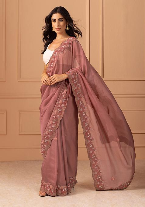 Pink Floral Bead Embroidered Saree With Blouse