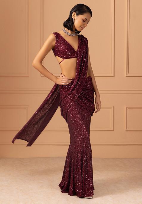 Maroon Tonal Sequin Embroidered Pre-Stitched Saree Set With Blouse