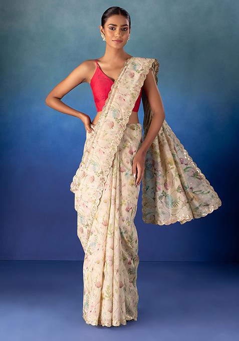 Ivory Floral Print Embroidered Saree With Blouse