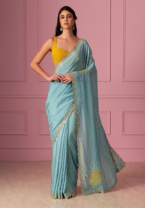 Pastel Blue Bandhani Print Embroidered Saree With Blouse