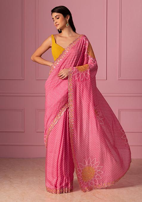 Light Pink Bandhani Print Embroidered Saree With Blouse