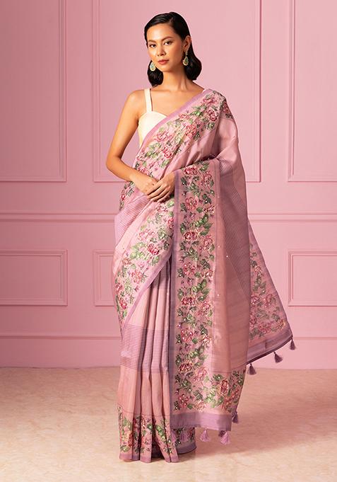 Dull Pink Floral Print Embroidered Saree With Blouse