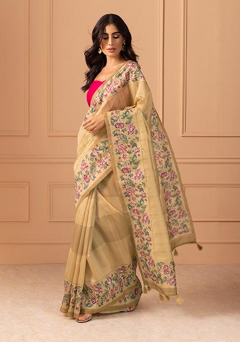 Beige Floral Print Embroidered Saree With Blouse