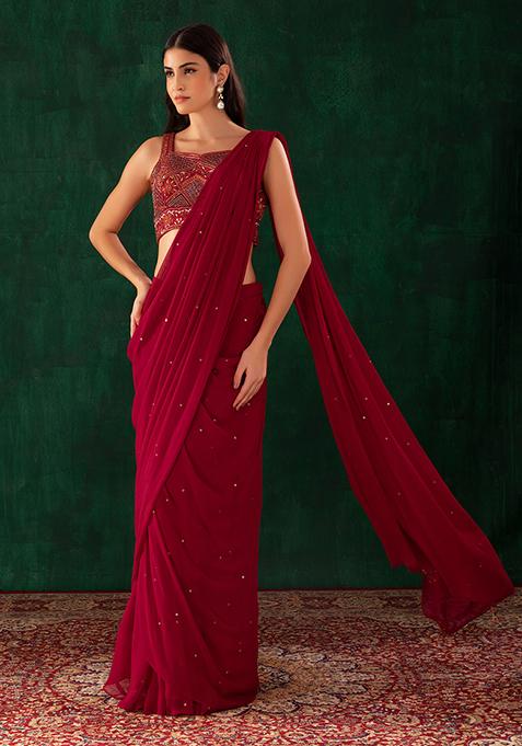 Red Pre-Stitched Saree Set With Mirror Embroidered Blouse
