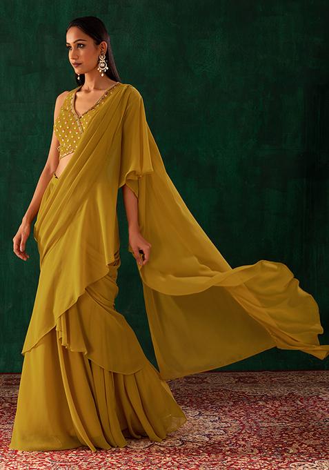 Mustard Yellow Pre-Stitched Saree Set With Embroidered Blouse