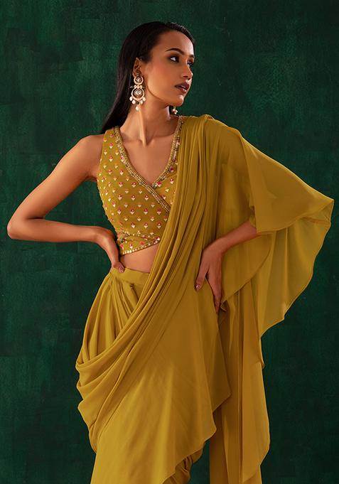 Yellow printed pre stitched saree set