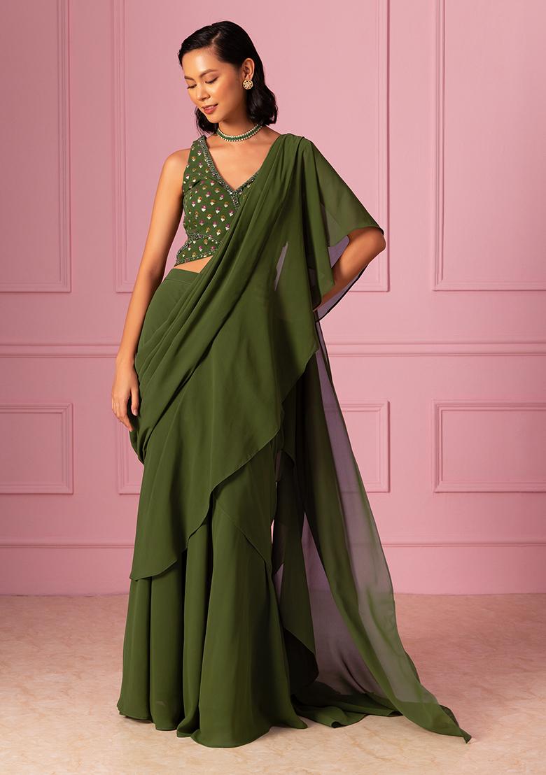 Dark Green highlight blouse and highlighted tiered skirt saree set main image 1