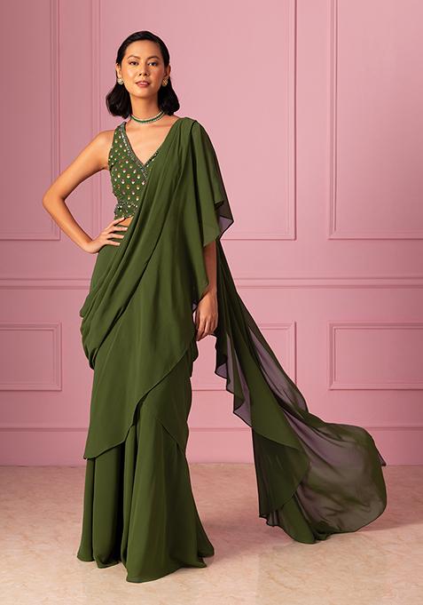Dark Green Pre-Stitched Saree Set With Embroidered Blouse