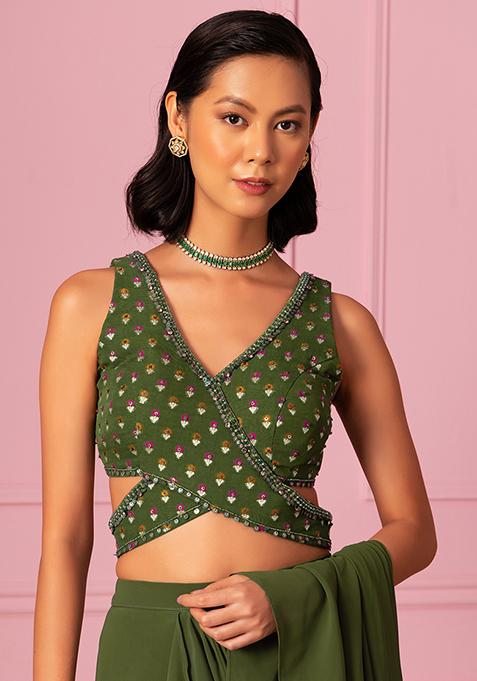 Bold & Beautiful Dark Green Pre-Stitched Sequin Saree Set Contemporary Indian Look