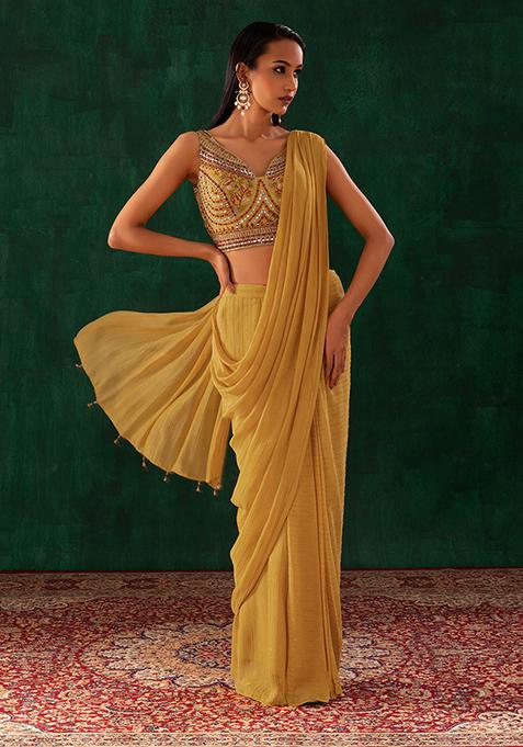 Yellow Pre-Stitched Saree Set With Multicolour Embroidered Blouse